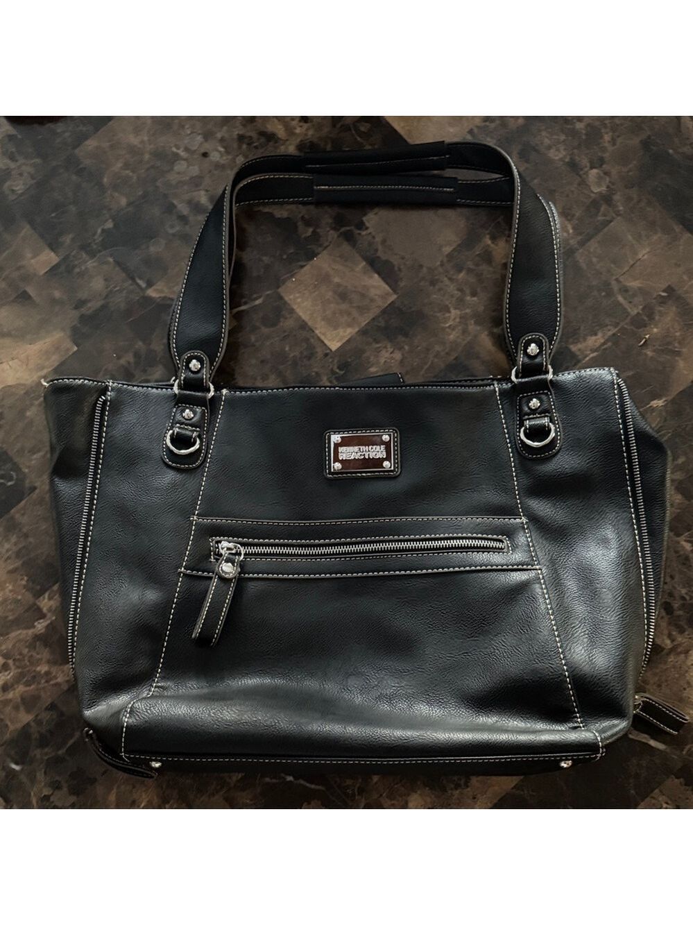 Kenneth Cole Large 13x18 Black Tote with Silver Accents. Zippers on sides.